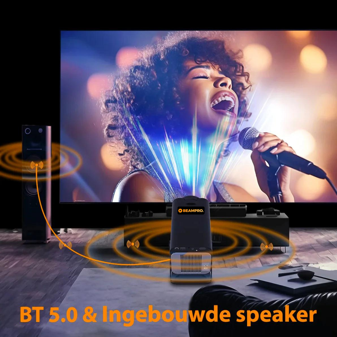 Mini projector die eenvoudig met een iPhone te verbinden is, ideaal voor een thuisbioscoop in de slaapkamer.